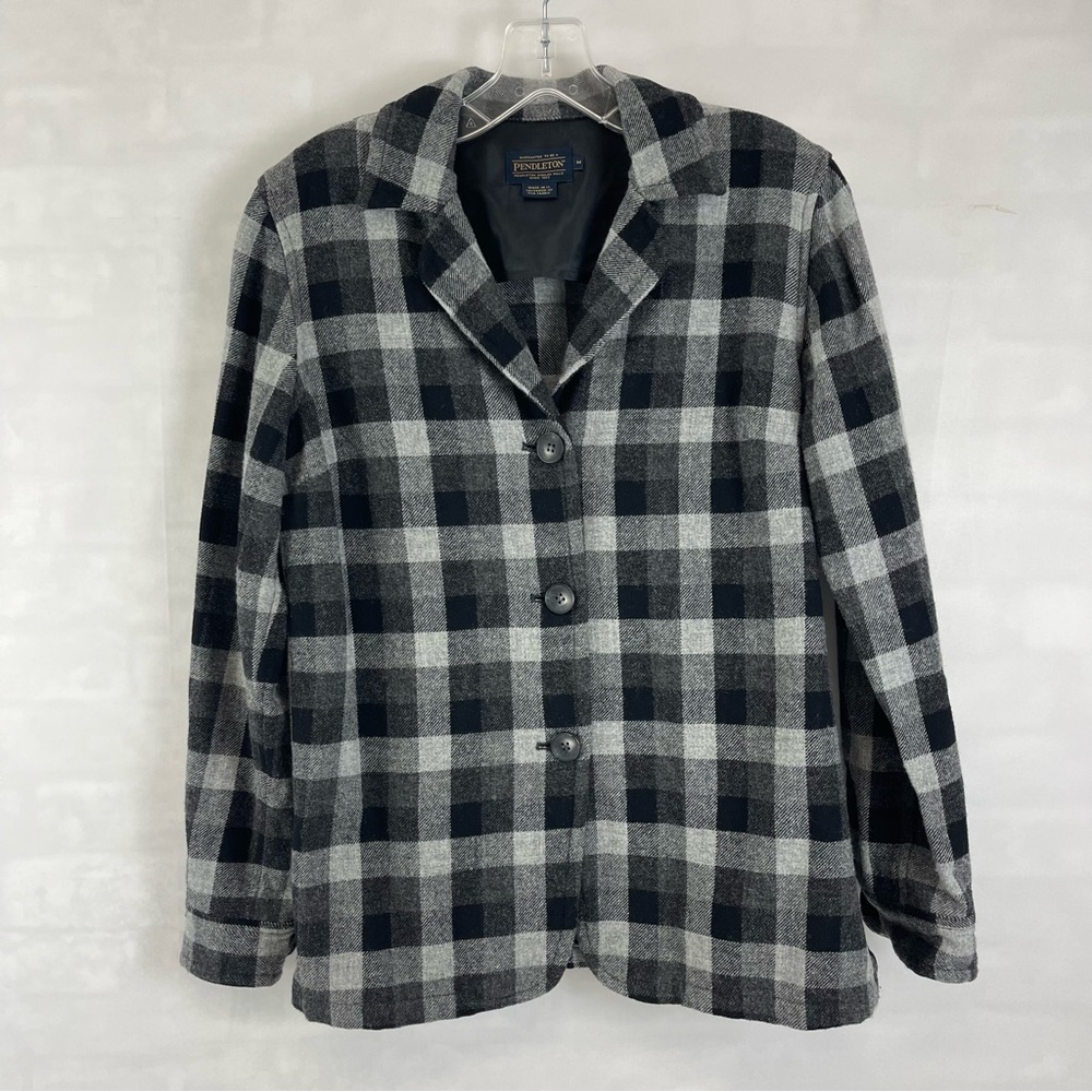Pendleton Women’s Wool Blazer Jacket Plaid Check Black Gray Button Front Size M
